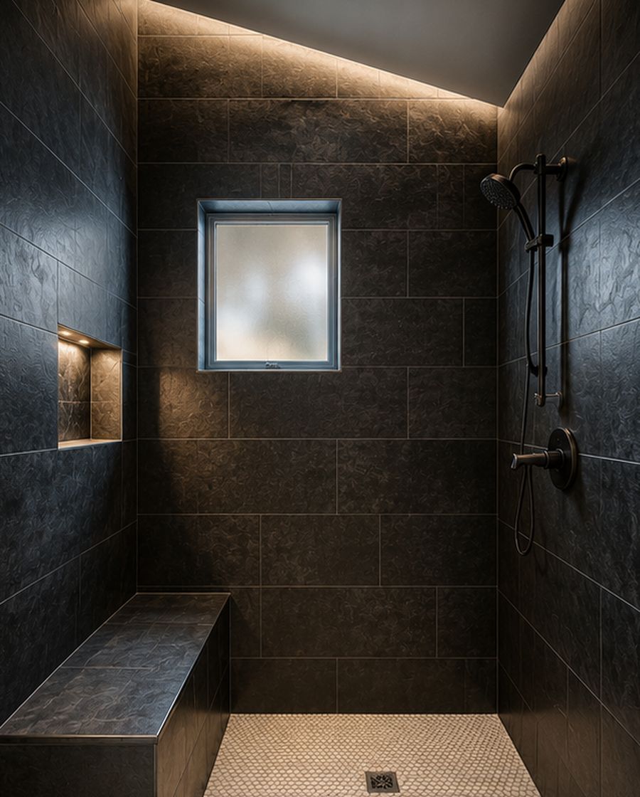 Dark Tile Walk-In Shower — Bathroom tile project in Central Oregon