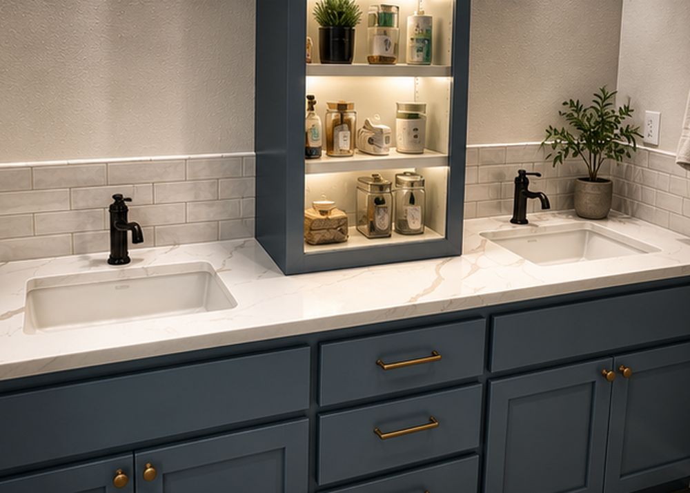Double Vanity Surround — Bathroom tile project in Central Oregon