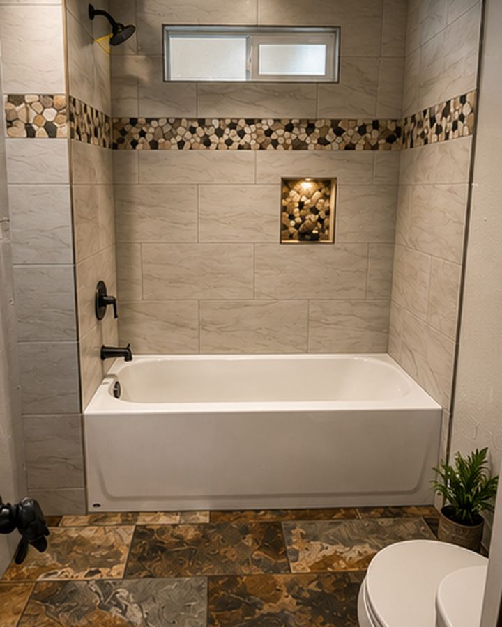 Tub Surround & Pebble Band — Bathroom tile project in Central Oregon